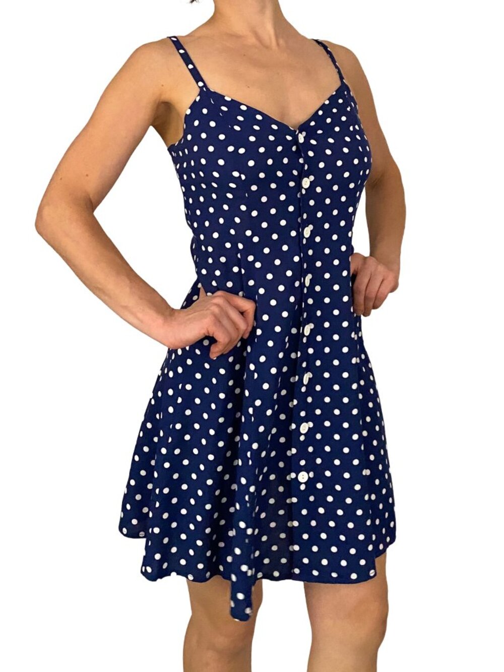 Vintage 90s Moda international blue and white polka dot button front mini dress